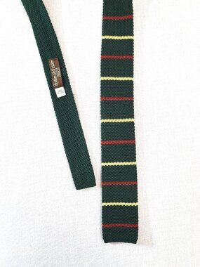 Vtg Sears Fashion Collection Wool Tie Green Red Yellow Striped Square Bottom